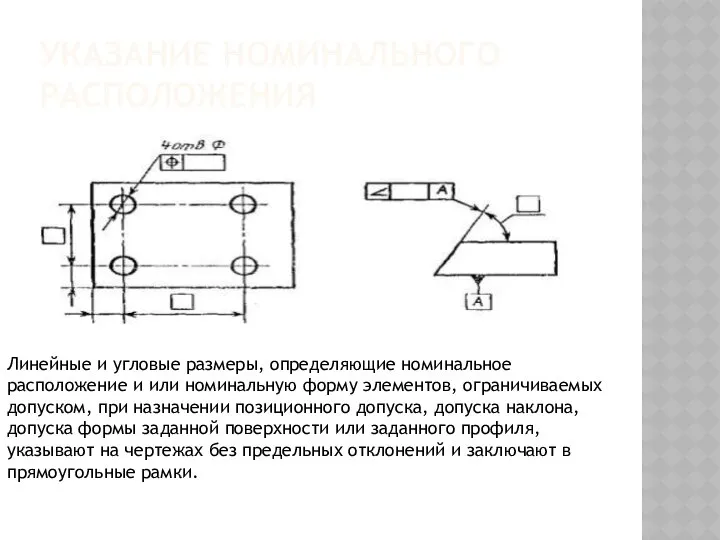 УКАЗАНИЕ НОМИНАЛЬНОГО РАСПОЛОЖЕНИЯ Линейные и угловые размеры, определяющие номинальное расположение и