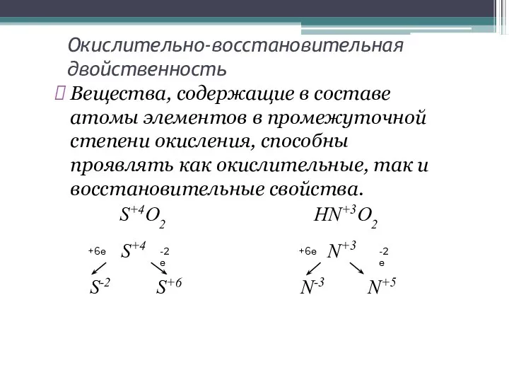 Окислительно-восстановительная двойственность Вещества, содержащие в составе атомы элементов в промежуточной степени