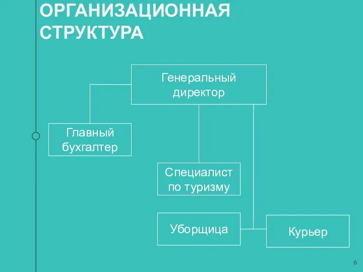 ОРГАНИЗАЦИОННАЯ СТРУКТУРА Генеральный директор Главный бухгалтер Специалист по туризму Курьер Уборщица