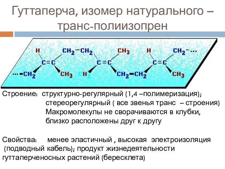 Гуттаперча, изомер натурального – транс-полиизопрен Строение: структурно-регулярный (1,4 –полимеризация); стереорегулярный (