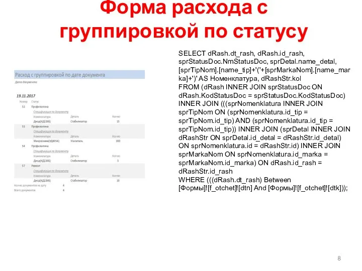 Форма расхода с группировкой по статусу SELECT dRash.dt_rash, dRash.id_rash, sprStatusDoc.NmStatusDoc, sprDetal.name_detal,