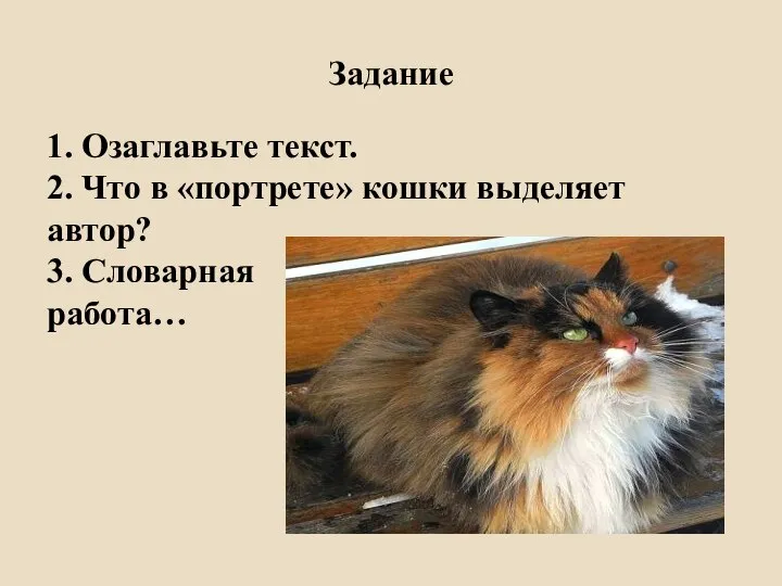 Задание 1. Озаглавьте текст. 2. Что в «портрете» кошки выделяет автор? 3. Словарная работа…