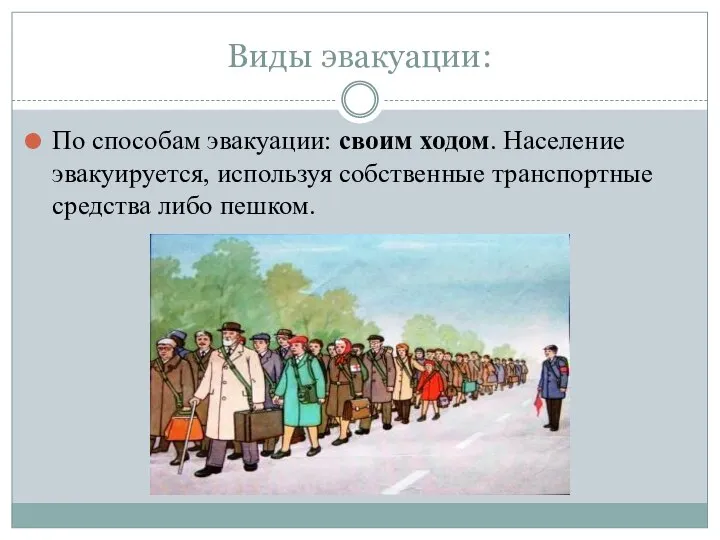 Виды эвакуации: По способам эвакуации: своим ходом. Население эвакуируется, используя собственные транспортные средства либо пешком.