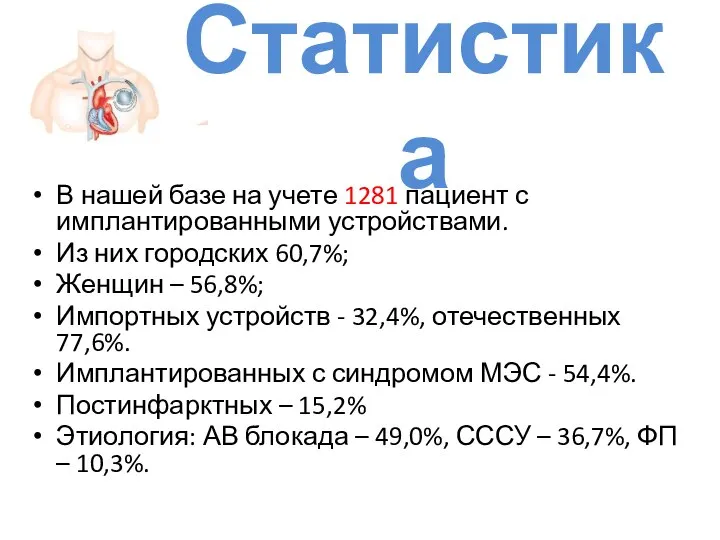 Статистика В нашей базе на учете 1281 пациент с имплантированными устройствами.