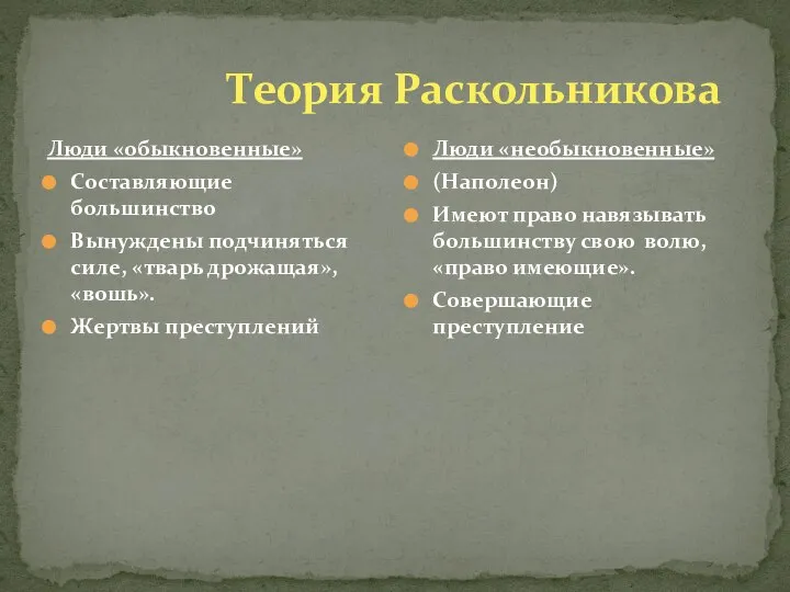 Теория Раскольникова Люди «обыкновенные» Составляющие большинство Вынуждены подчиняться силе, «тварь дрожащая»,