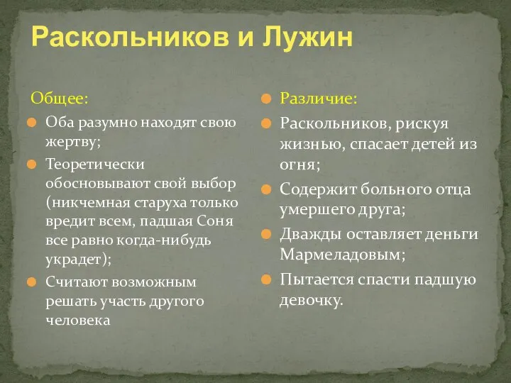 Раскольников и Лужин Общее: Оба разумно находят свою жертву; Теоретически обосновывают