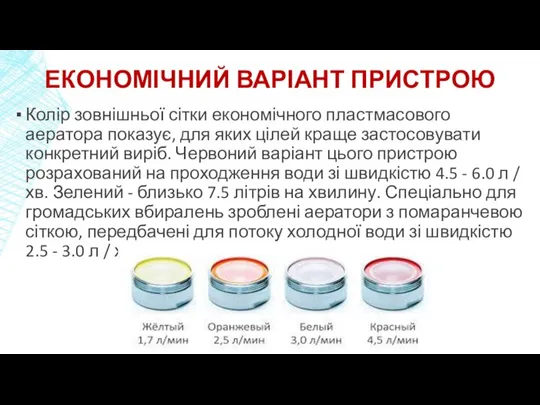 ЕКОНОМІЧНИЙ ВАРІАНТ ПРИСТРОЮ Колір зовнішньої сітки економічного пластмасового аератора показує, для