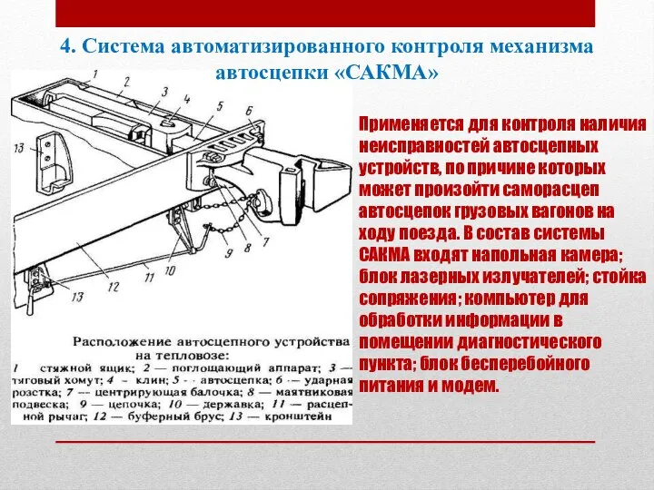 Применяется для контроля наличия неисправностей автосцепных устройств, по причине которых может