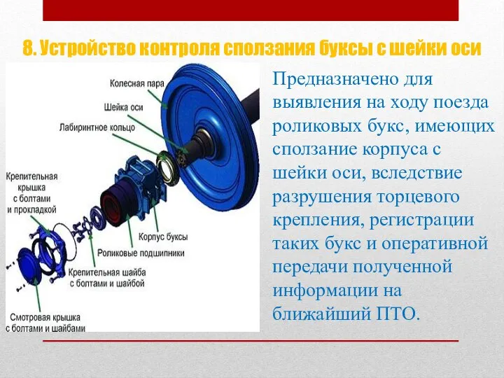 8. Устройство контроля сползания буксы с шейки оси Предназначено для выявления