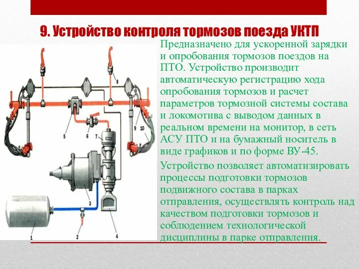 9. Устройство контроля тормозов поезда УКТП Предназначено для ускоренной зарядки и