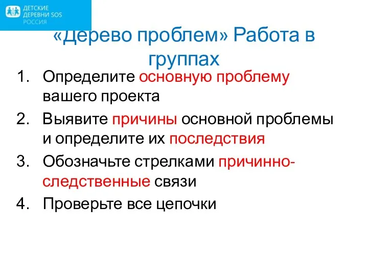 «Дерево проблем» Работа в группах Определите основную проблему вашего проекта Выявите