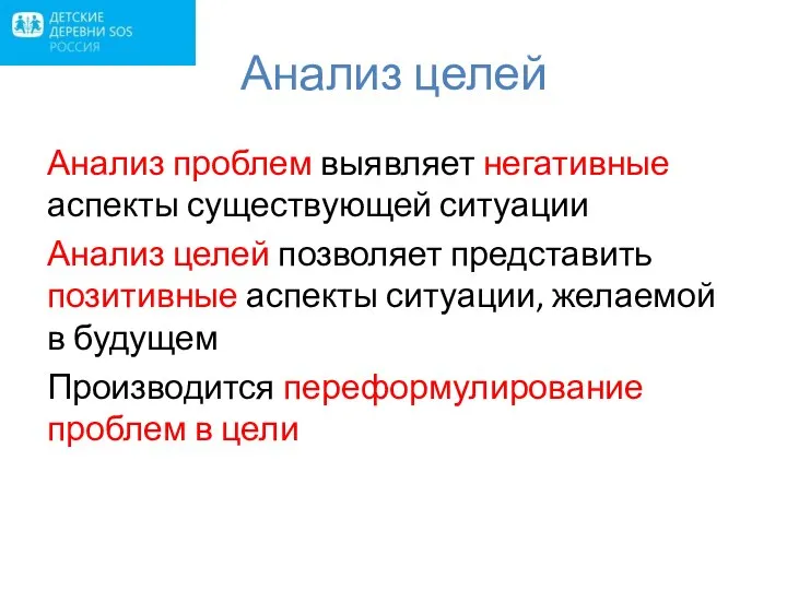 Анализ целей Анализ проблем выявляет негативные аспекты существующей ситуации Анализ целей