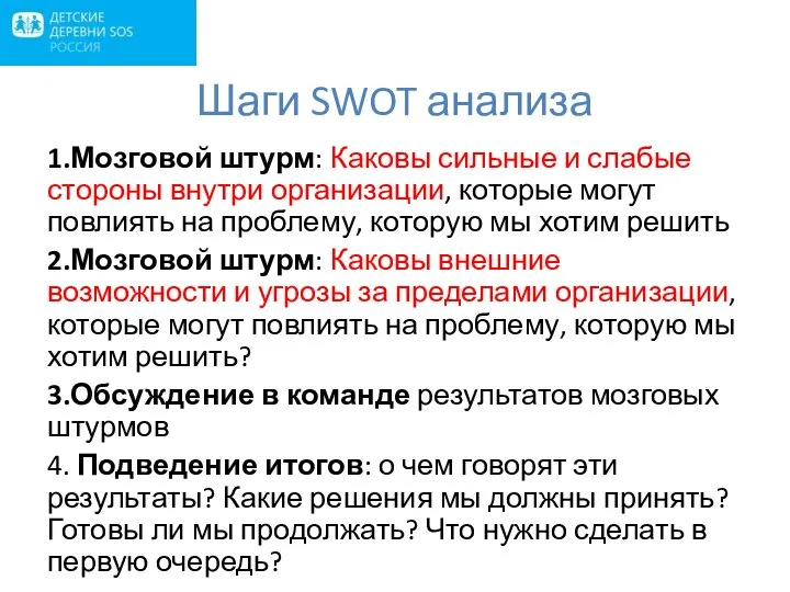 Шаги SWOT анализа 1.Мозговой штурм: Каковы сильные и слабые стороны внутри