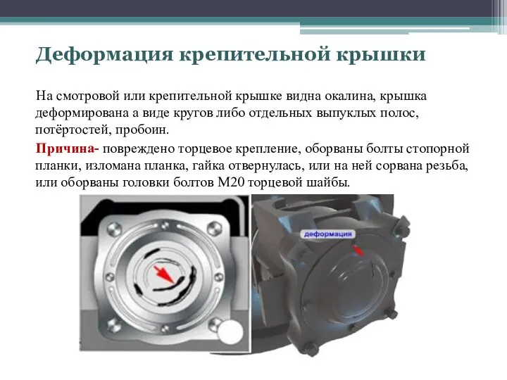 Деформация крепительной крышки На смотровой или крепительной крышке видна окалина, крышка