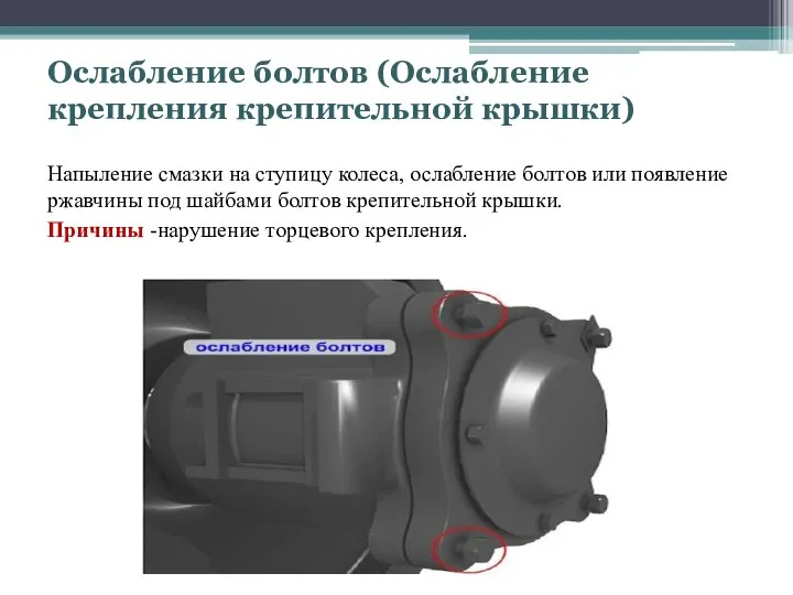 Ослабление болтов (Ослабление крепления крепительной крышки) Напыление смазки на ступицу колеса,