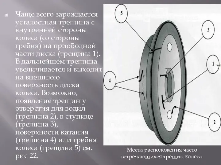 Чаще всего зарождается усталостная трещина с внутренней стороны колеса (со стороны