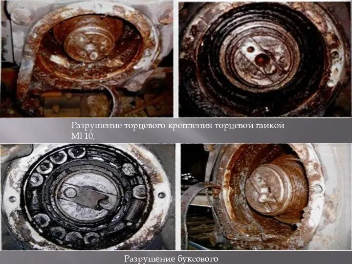 Разрушение торцевого крепления торцевой гайкой Ml 10, Разрушение торцевого крепления тарельчатой шайбой Разрушение буксового узла