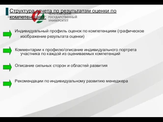 Структура отчета по результатам оценки по компетенциям: Индивидуальный профиль оценок по