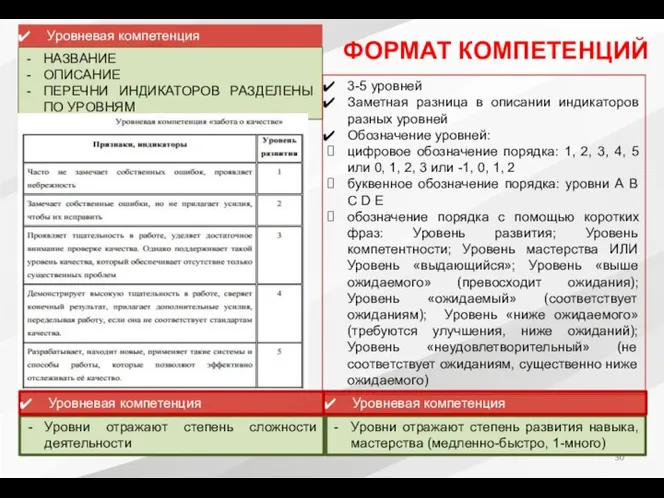 ФОРМАТ КОМПЕТЕНЦИЙ НАЗВАНИЕ ОПИСАНИЕ ПЕРЕЧНИ ИНДИКАТОРОВ РАЗДЕЛЕНЫ ПО УРОВНЯМ Уровневая компетенция