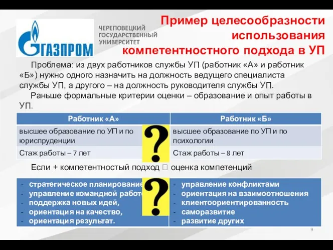 Пример целесообразности использования компетентностного подхода в УП Проблема: из двух работников