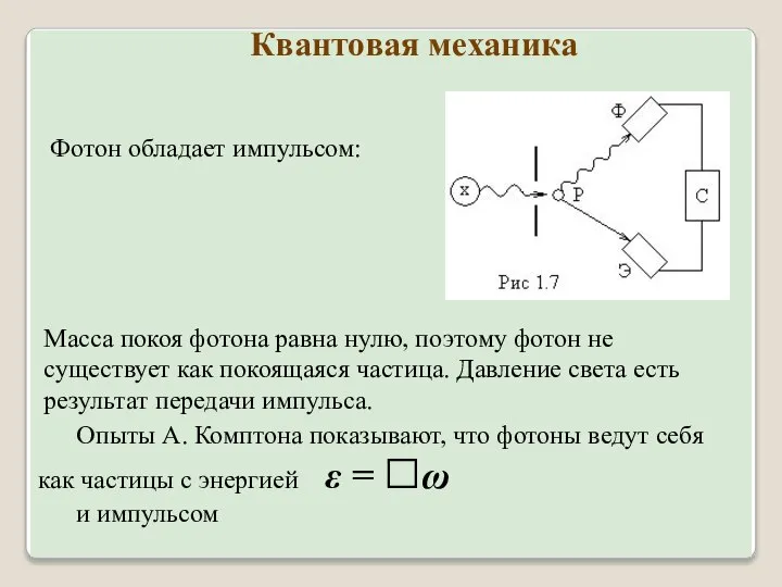 Фотон обладает импульсом: Квантовая механика Масса покоя фотона равна нулю, поэтому