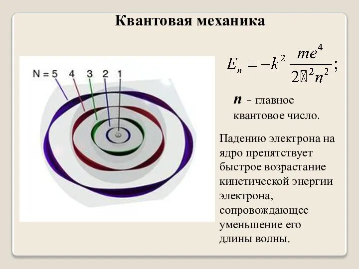 n – главное квантовое число. Падению электрона на ядро препятствует быстрое