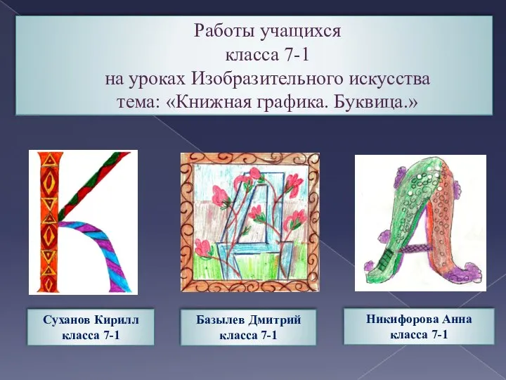 Работы учащихся класса 7-1 на уроках Изобразительного искусства тема: «Книжная графика.