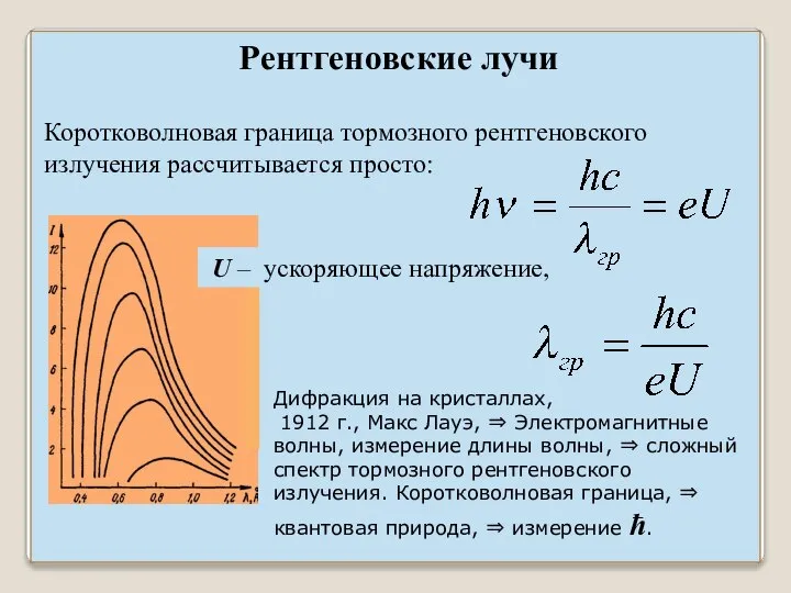 Коротковолновая граница тормозного рентгеновского излучения рассчитывается просто: U – ускоряющее напряжение,