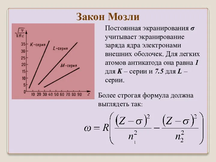 Постоянная экранирования σ учитывает экранирование заряда ядра электронами внешних оболочек. Для