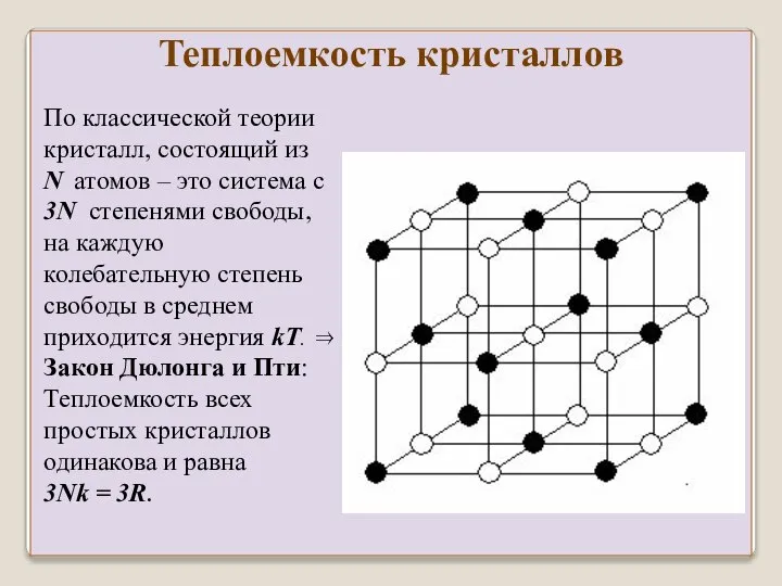 Теплоемкость кристаллов По классической теории кристалл, состоящий из N атомов –