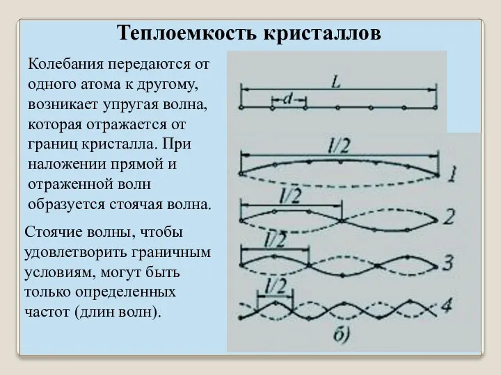 Теплоемкость кристаллов Колебания передаются от одного атома к другому, возникает упругая