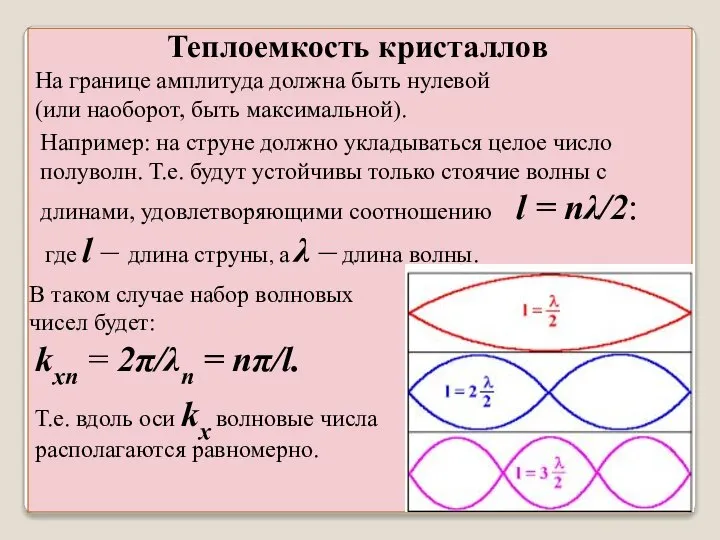 Теплоемкость кристаллов Например: на струне должно укладываться целое число полуволн. Т.е.