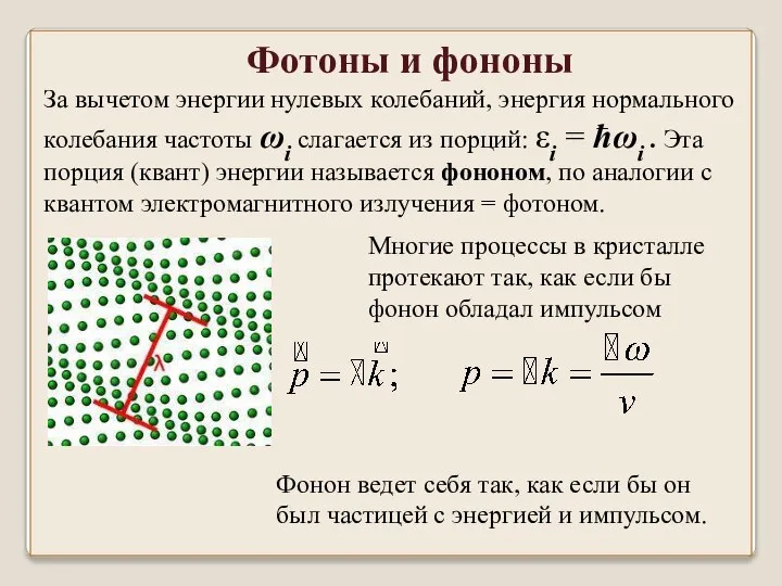 Фотоны и фононы За вычетом энергии нулевых колебаний, энергия нормального колебания