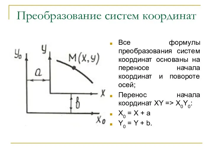 Преобразование систем координат Все формулы преобразования систем координат основаны на переносе