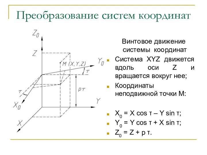 Преобразование систем координат Винтовое движение системы координат Система XYZ движется вдоль