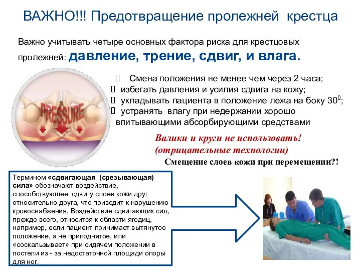 ВАЖНО!!! Предотвращение пролежней крестца Важно учитывать четыре основных фактора риска для