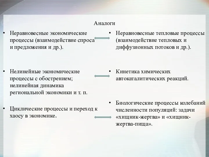 Аналоги Неравновесные экономические процессы (взаимодействие спроса и предложения и др.). Нелинейные