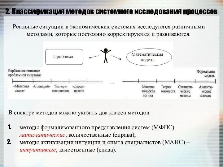 2. Классификация методов системного исследования процессов Реальные ситуации в экономических системах