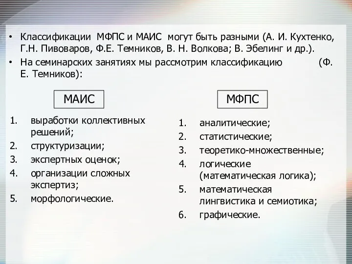 Классификации МФПС и МАИС могут быть разными (А. И. Кухтенко, Г.Н.