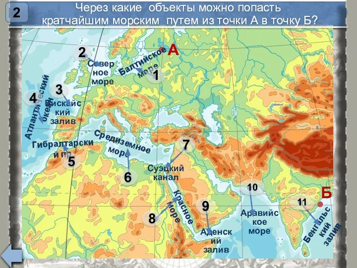 Через какие объекты можно попасть кратчайшим морским путем из точки А