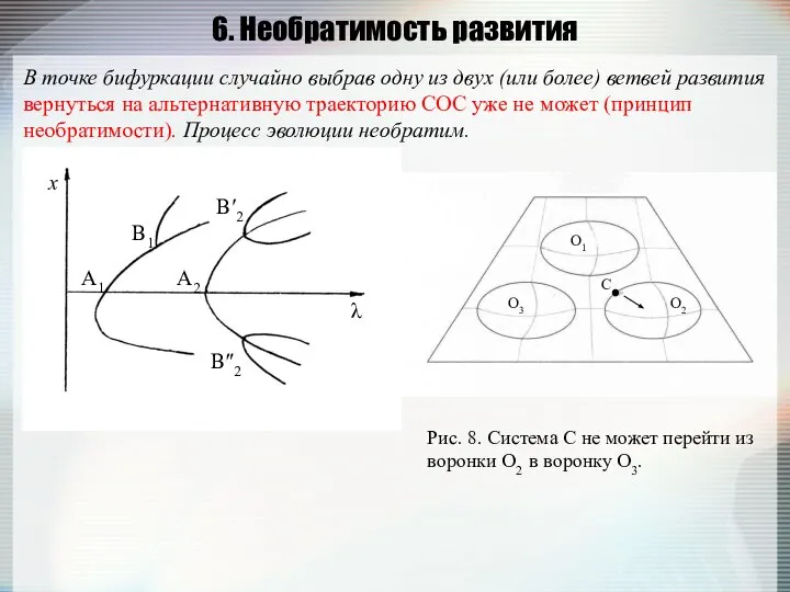 6. Необратимость развития В точке бифуркации случайно выбрав одну из двух