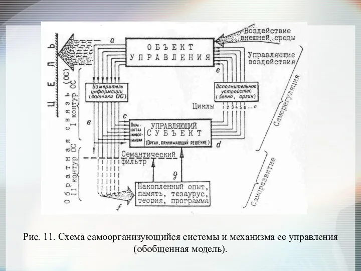 Рис. 11. Схема самоорганизующийся системы и механизма ее управления (обобщенная модель).