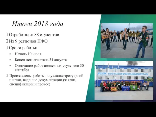 Итоги 2018 года Отработали: 88 студентов Из 9 регионов ПФО Сроки