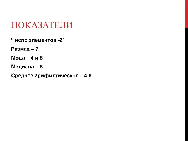 ПОКАЗАТЕЛИ Число элементов -21 Размах – 7 Мода – 4 и