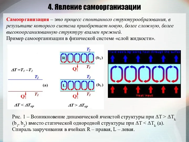 4. Явление самоорганизации Самоорганизация – это процесс спонтанного структурообразования, в результате