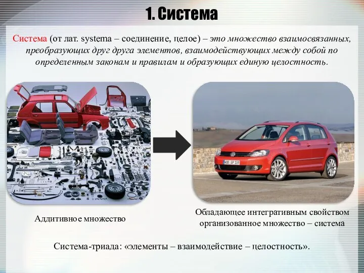 1. Система Аддитивное множество Обладающее интегративным свойством организованное множество – система