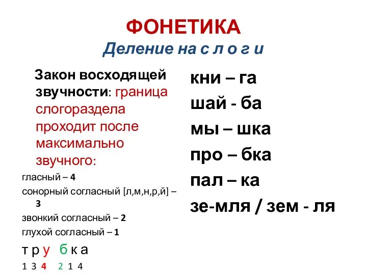 ФОНЕТИКА Деление на с л о г и Закон восходящей звучности: