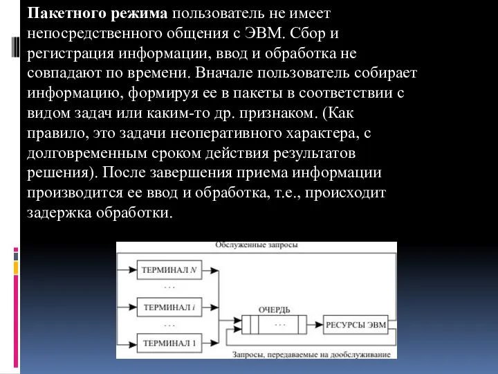 Пакетного режима пользователь не имеет непосредственного общения с ЭВМ. Сбор и