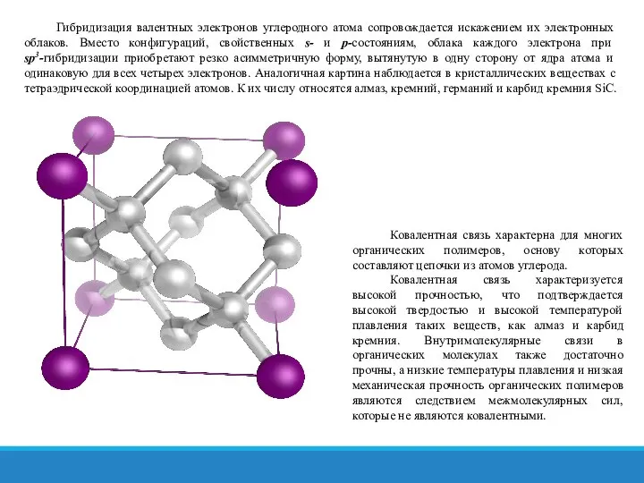 Гибридизация валентных электронов углеродного атома сопровождается искажением их электронных облаков. Вместо