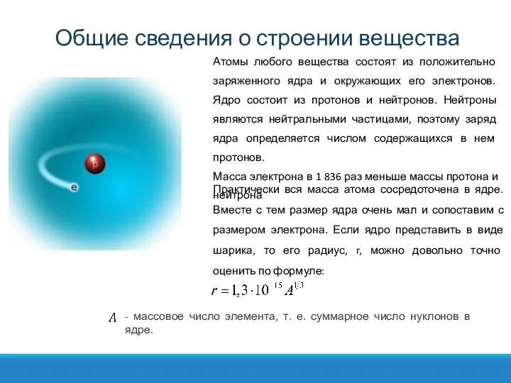 Общие сведения о строении вещества Атомы любого вещества состоят из положительно